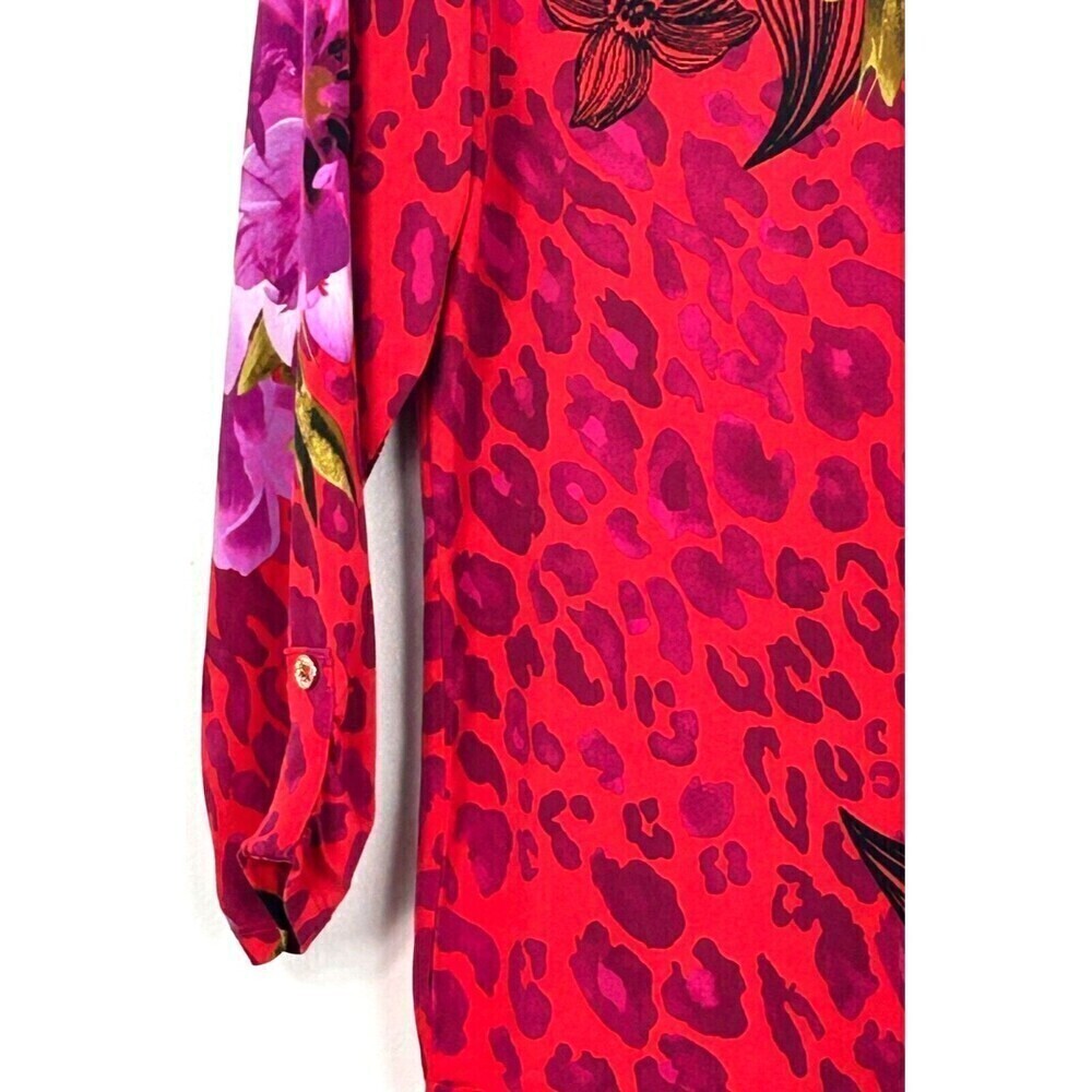 New JM Collection Women Sz PXL Red Pink Zip Neck Blouse Roll Tab Sleeve Tunic U4 - Picture 7 of 11